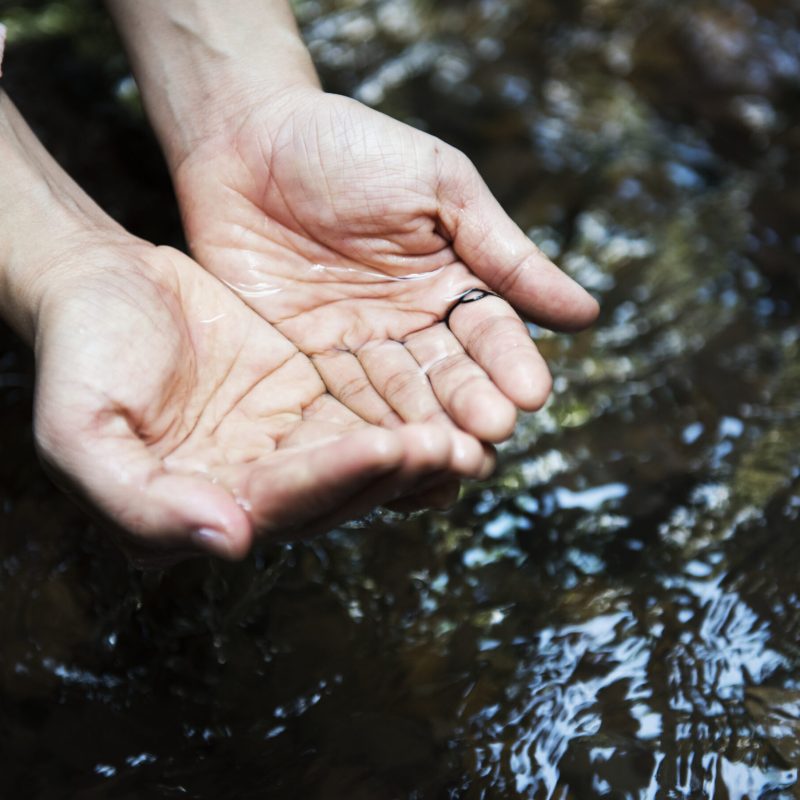 Woman getting some water from the river to drink